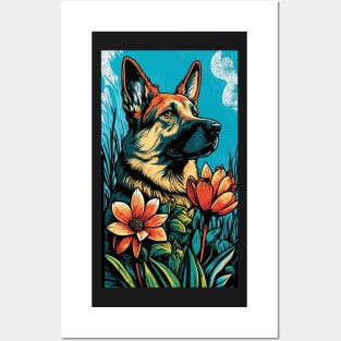 German Shepherd Dog Vibrant Tropical Flower Tall Retro Vintage Digital Pop Art Portrait 3 Posters and Art